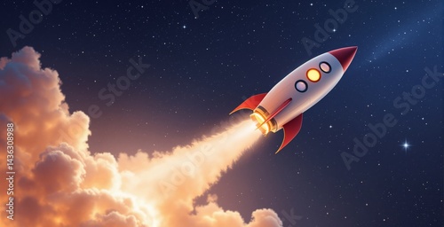 Wallpaper Mural A colorful cartoon rocket blasts off with glowing flames into a starry night sky, on a cloud-filled background, symbolizing business growth and innovation concept, Ai generative Torontodigital.ca