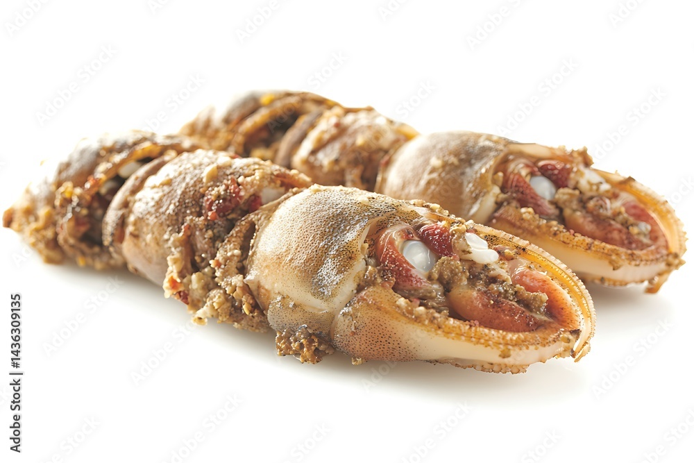 Several pieces of prepared stuffed seafood displayed against white background Several pieces of prepared stuffed seafood displayed against white background