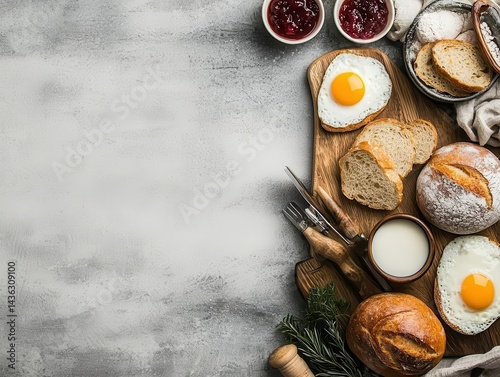 Farmstay breakfast spread with eggs, homemade jams, and freshly baked bread