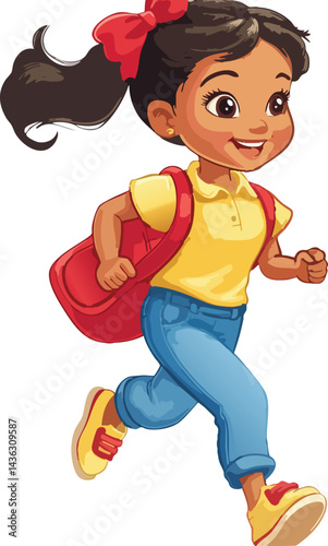 A cheerful cartoon girl with a red bow happily runs with her red backpack.