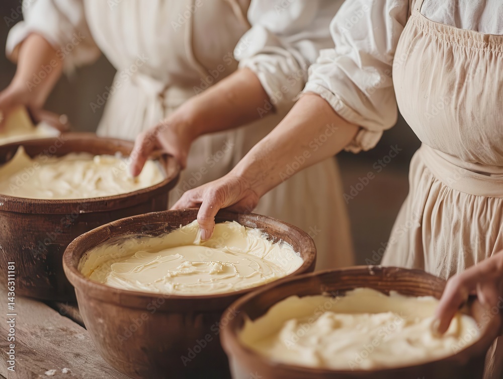 Tourists making fresh butter using traditional churning methods, oldfashioned farm skills Tourists making fresh butter using traditional churning methods, oldfashioned farm skills