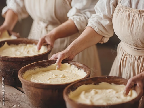 Tourists making fresh butter using traditional churning methods, oldfashioned farm skills photo