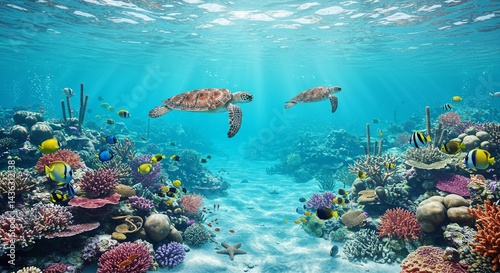 Fototapeta Naklejka Na Ścianę i Meble -  Underwater scene with colorful coral reefs, tropical fish, sea turtles, and clear blue water, vibrant and peaceful atmosphere, realistic style, bright natural light
