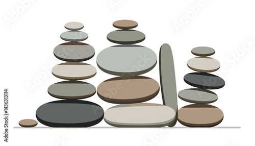 Zen Stones_Balanced Rock Stacks_Mindfulness Illustration_Meditation Art_Serene Stone Arrangement_Harmony in Nature_Peaceful Stone Piles_Balancing Act of Rocks_Soothing Stone Towers