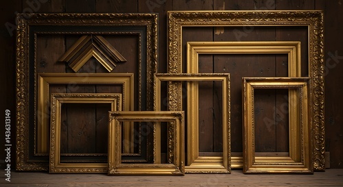 Ornate Golden Picture Frames Displayed on Wooden Surface with Rustic Background