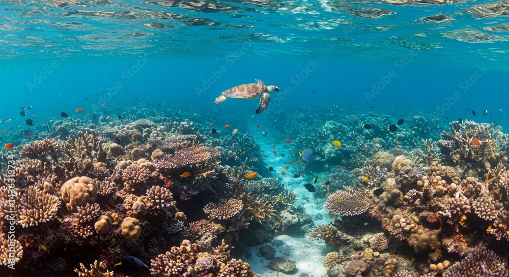 Fototapeta premium Underwater scene with colorful coral reefs, tropical fish, sea turtles, and clear blue water, vibrant and peaceful atmosphere, realistic style, bright natural light