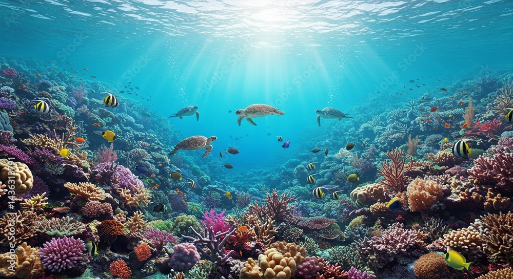 Fototapeta premium Underwater scene with colorful coral reefs, tropical fish, sea turtles, and clear blue water, vibrant and peaceful atmosphere, realistic style, bright natural light