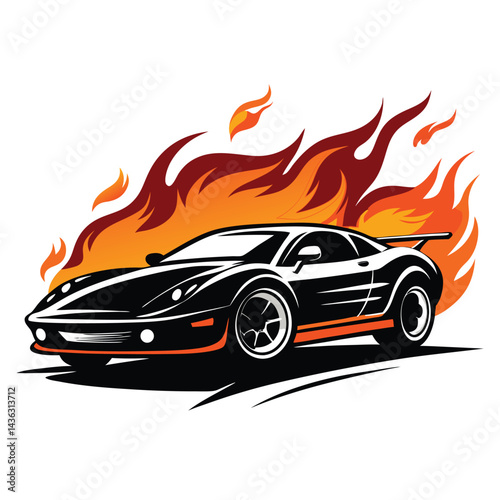 Car Fire illustration of a red sport car in flames Vector illustration. Isolated on white background.