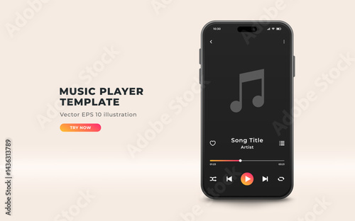 Audio streaming service template. Music player mobile app interface, vector illustration. 