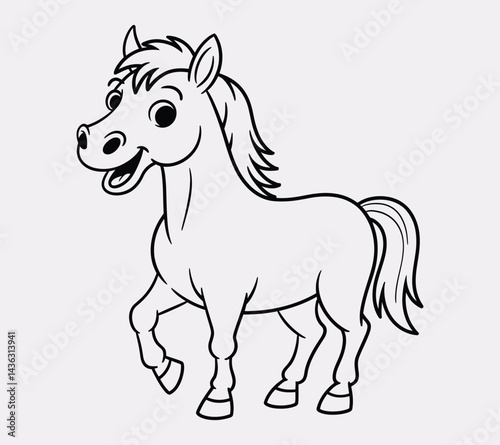 Playful line drawing of a laughing horse outlined in bold black vector lines