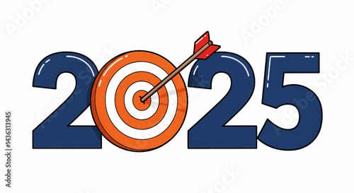 In bold, cartoonish letters on a white background, the number "2025" appears. The number "0" has been replaced by a circular target designed in bright, muted colors. Vector Illustration
