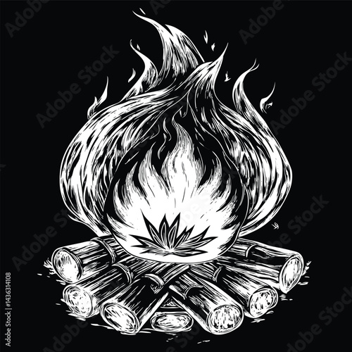 Fire line drawing, night time, black and white illustration, vector illustration on black background
