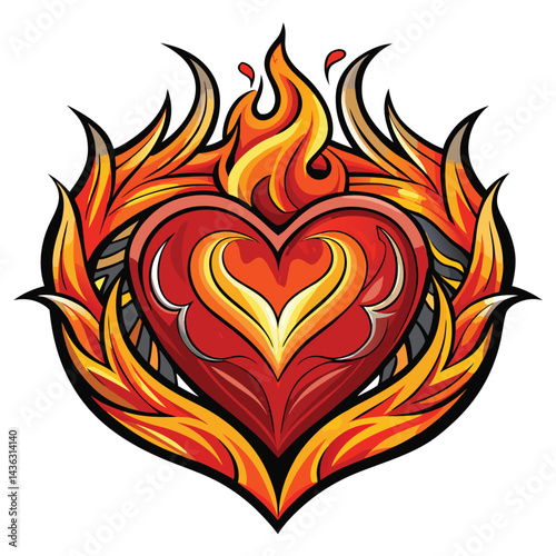 Heart with fire, flames on top convey heat power, vector illustration on white background.