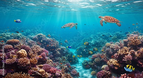 Wallpaper Mural Underwater scene with colorful coral reefs, tropical fish, sea turtles, and clear blue water, vibrant and peaceful atmosphere, realistic style, bright natural light Torontodigital.ca
