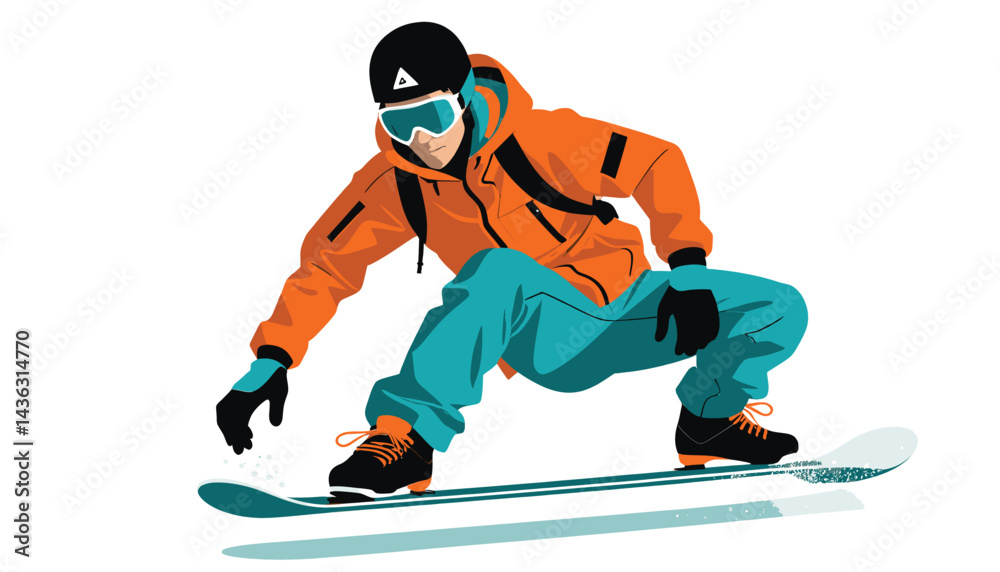 Obraz premium Snowboarder_Illustration_Action_Pose_Cool_Winter_Sport_Graphics_Orange_Jacket_Helmet_Goggles_Snow_Adventure_Design_Snowboarding_Art_Fun_Lifestyle