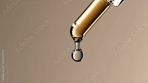 Golden serum droplet falling from glass pipette