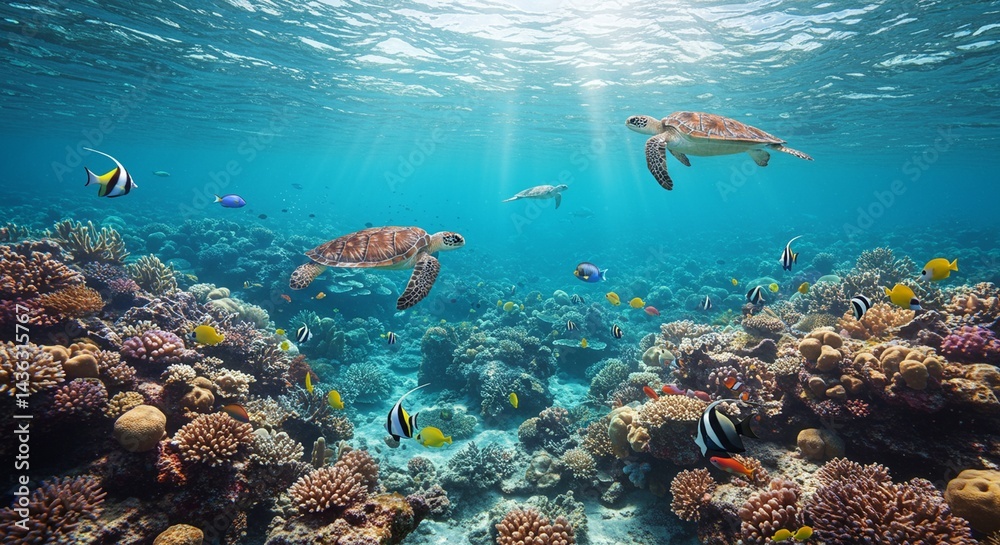 Fototapeta premium Underwater scene with colorful coral reefs, tropical fish, sea turtles, and clear blue water, vibrant and peaceful atmosphere, realistic style, bright natural light