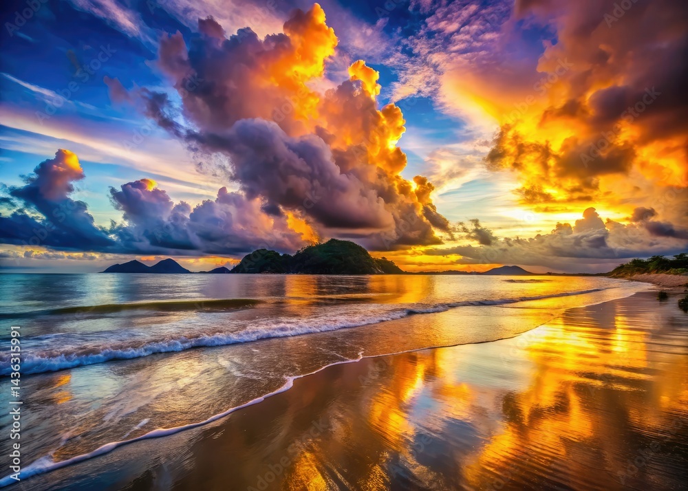 Fototapeta premium Langkawi Sunset: Surreal Pantai Cenang Beach Photography - Dreamy Golden Hour Seascape