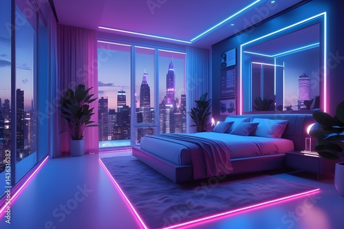 Futuristic Bedroom Interior with Neon Lighting and City Skyline View