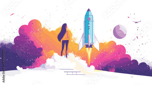 vector woman with rocket in space