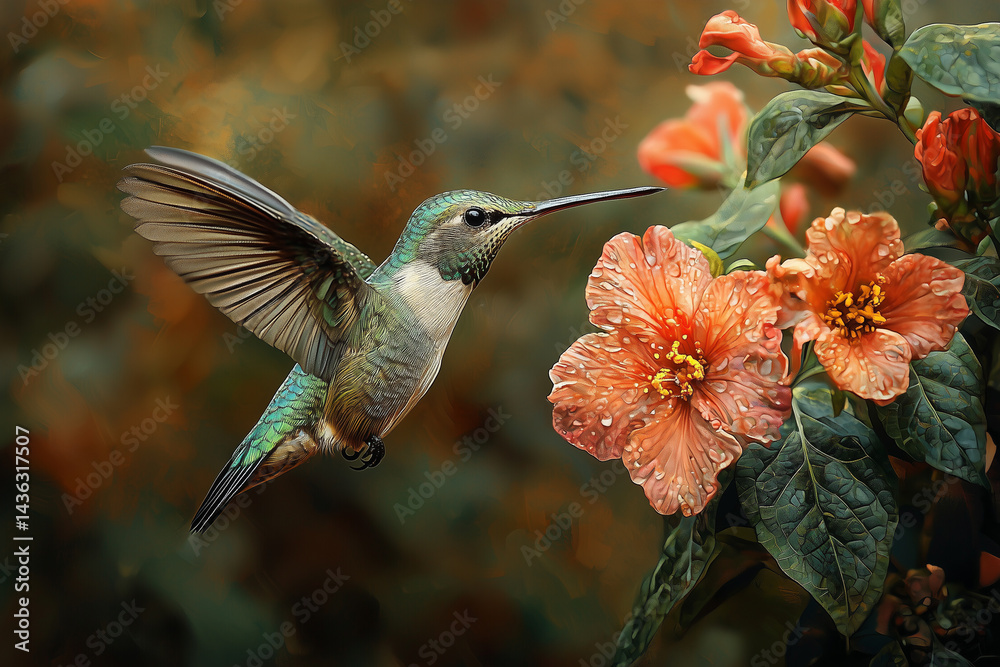 Fototapeta premium Hummingbird in flight with flower