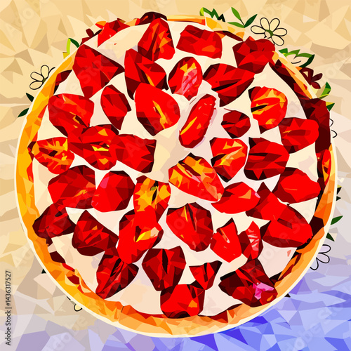 A strawberry cake with cream, traditional for the Midsommar celebration, the Northern summer holiday; a digital low-poly flatlay illustration against the yellow-blue background.