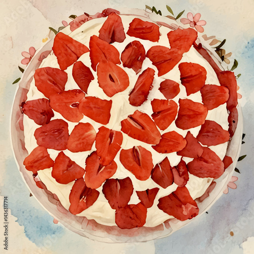 A strawberry cake with cream, traditional for the Midsommar celebration, the Northern summer holiday; a digital watercolor illustration of a flatlay dessert against the beige-blue background