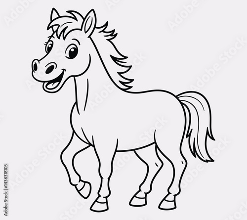 Playful line drawing of a laughing horse outlined in bold black vector lines