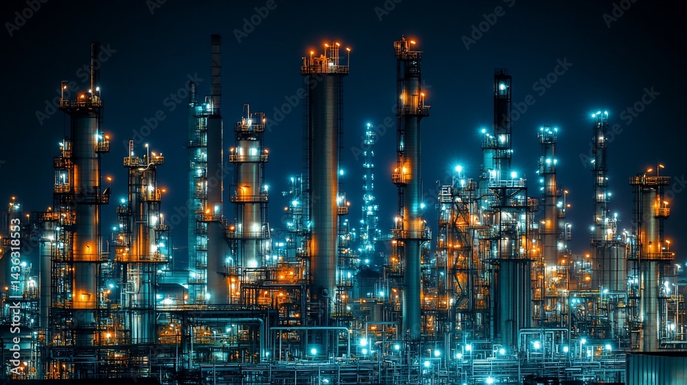 Obraz premium Industrial complex at night, illuminated by glowing pipes and towers