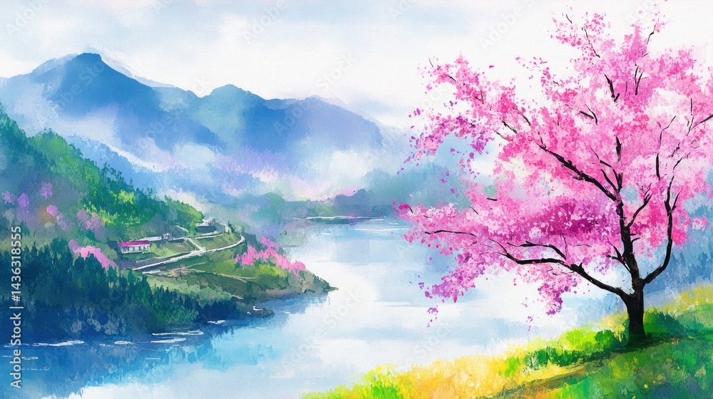 Naklejka premium Misty mountain valley with blossoming cherry tree.