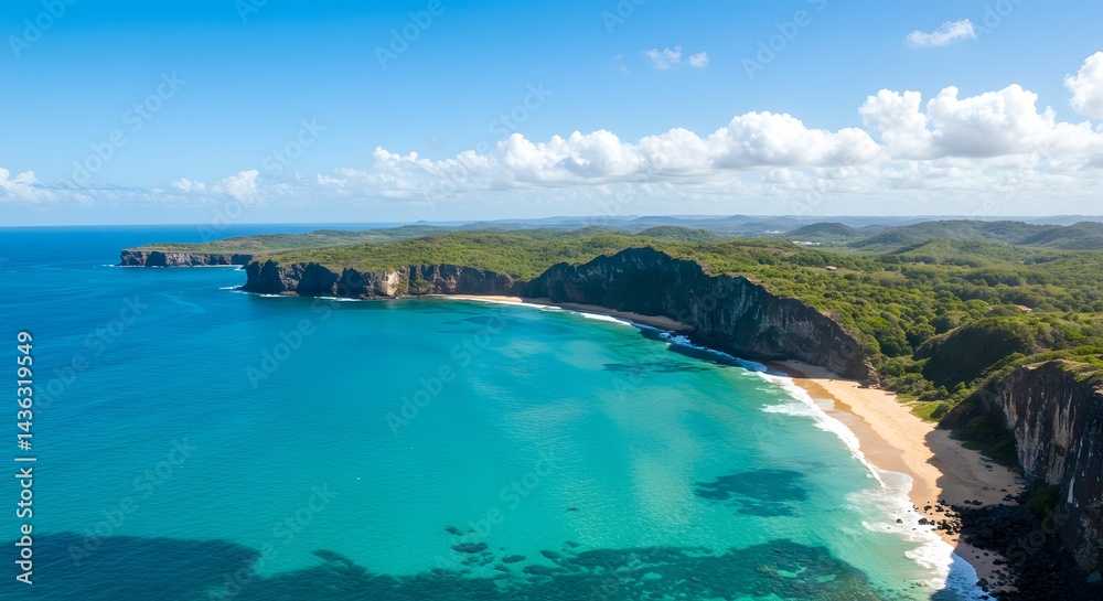 Fototapeta premium Breathtaking aerial perspective showcasing a stunning tropical beach with crystal-clear waters and cliffs.