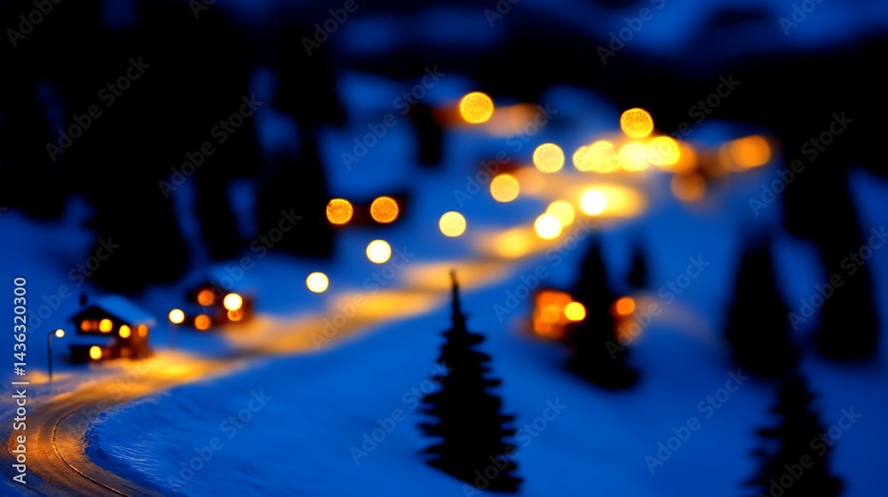 Fototapeta premium Night scene of a snow covered village with winding road, illuminated houses, and pine trees. Blue and orange tones dominate the bokeh effect, creating a magical atmosphere. The focus is soft