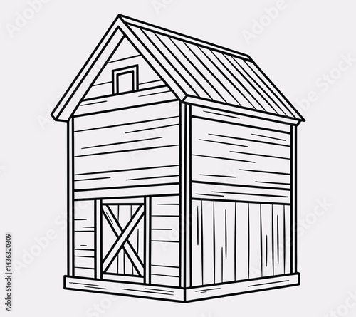 Charming line drawing of a granary outlined in bold black vector lines. With no background, the clean design invites children to color and bring the rustic farm building scene to life