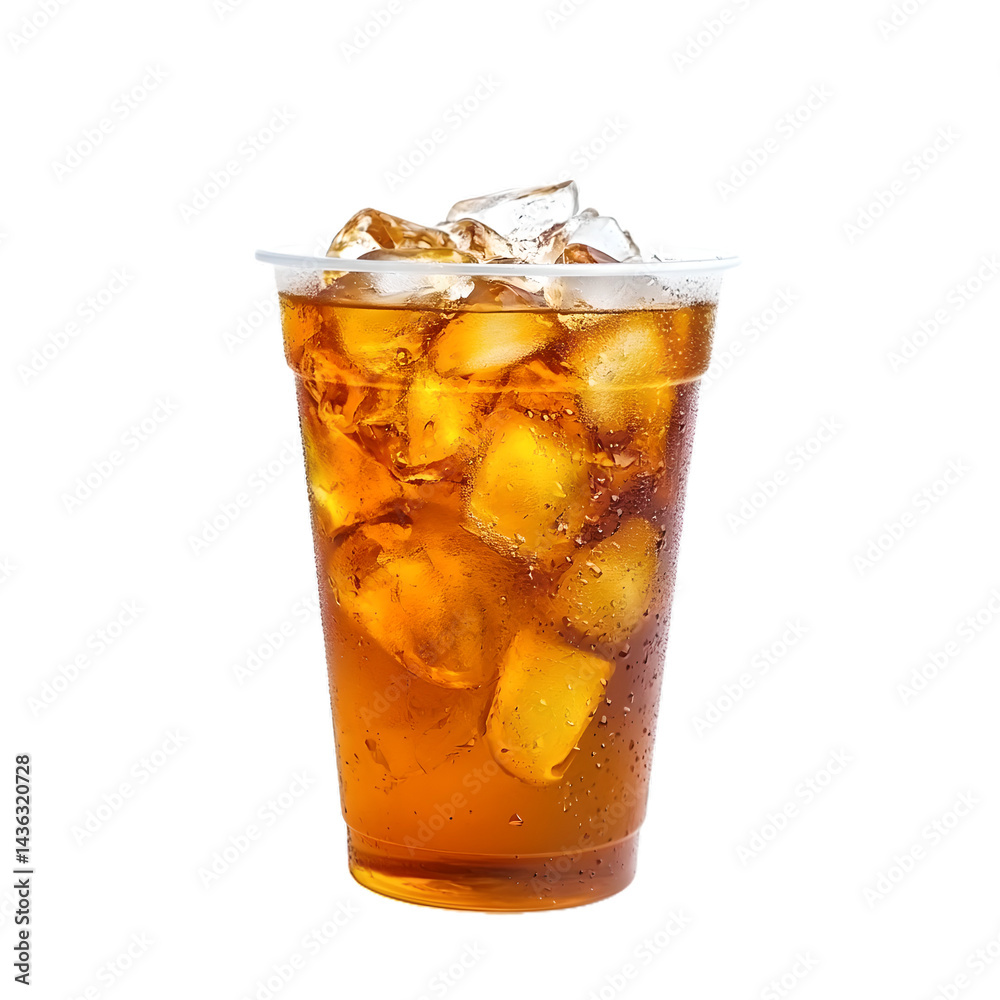 peach ice tea with cubes in plastic cup on transparent background peach ice tea with cubes in plastic cup on transparent background