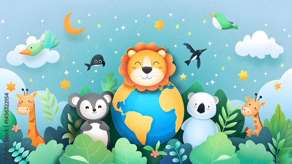 Naklejka premium Enchanting animal characters, celebrating global harmony and nature's whimsical illustration