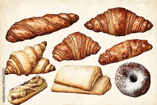 Vintage graphic illustration of a set of French pastries including croissants, baguettes and eclairs