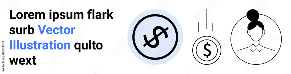 Dollar sign coin, falling money lines, and female avatar with placeholder text. Ideal for finance, economy, saving, investment, personal management, business growth simple landing page Dollar sign coin, falling money lines, and female avatar with placeholder text. Ideal for finance, economy, saving, investment, personal management, business growth simple landing page
