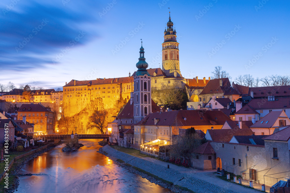 Evening cityscape with illuminated architecture in Cesky Krumlov, Czech Republic