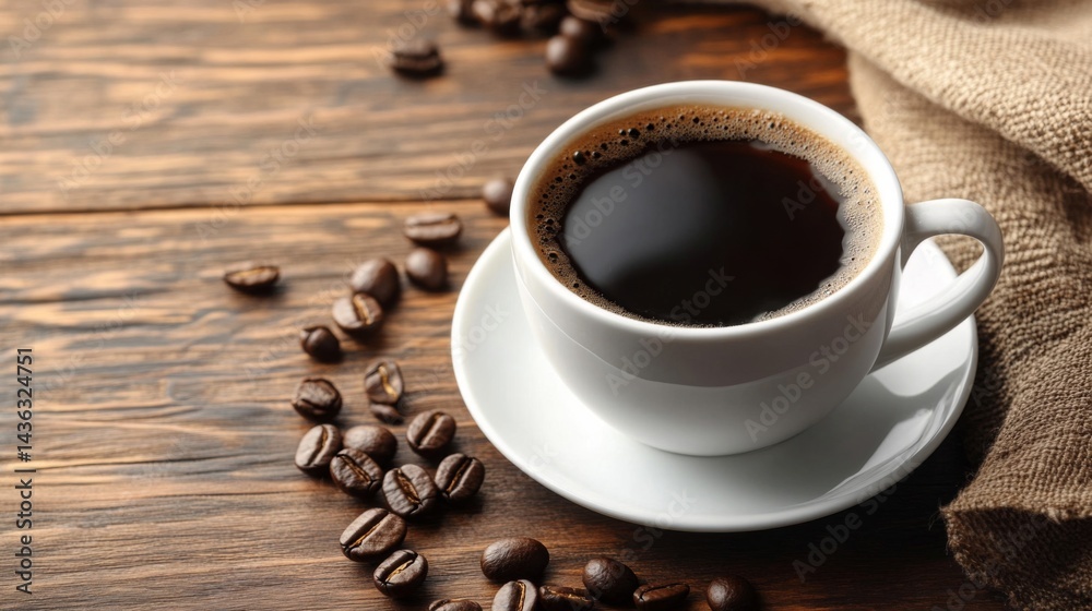 Dark Coffee in White Cup on Rustic Wooden Table