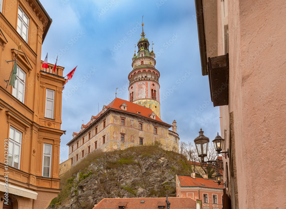 View of historic tower and buildings in Cesky Krumlov, Czech Republic