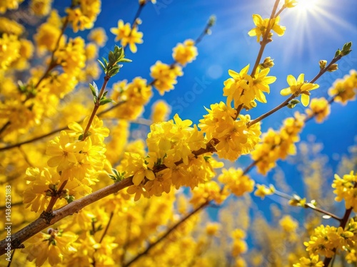 Macro Photography: Yellow Flowers on Tree Branches, Blue Sky - Spring Blossom, Nature Closeup