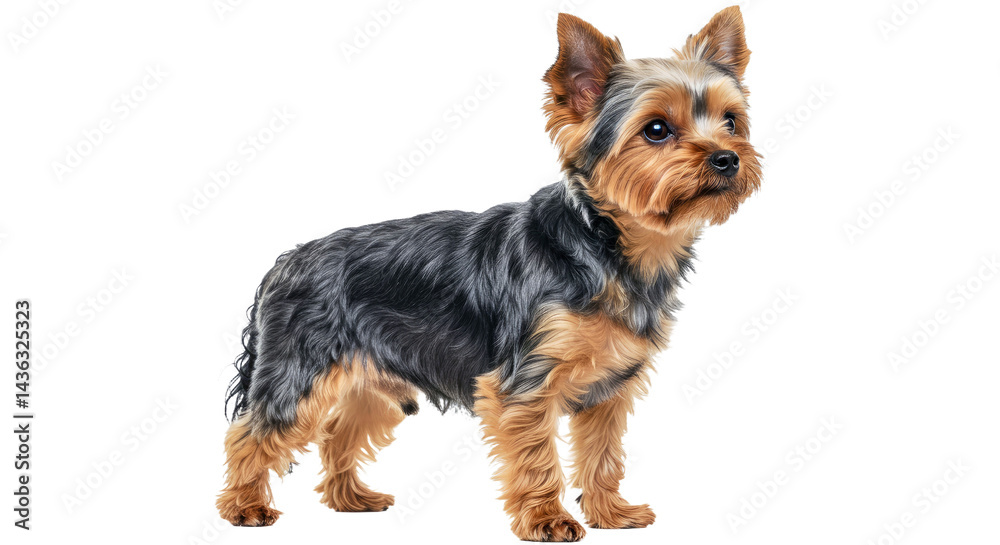 Alert Yorkshire Terrier (Yorkie) stands proudly, featuring its glossy long fur and an attentive stance. Full body small dog portrait isolated on white. Alert Yorkshire Terrier (Yorkie) stands proudly, featuring its glossy long fur and an attentive stance. Full body small dog portrait isolated on white.