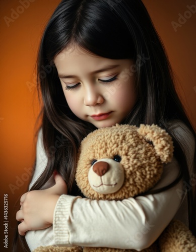 Sweet Young Girl Gently Hugging Her Teddy Bear Close.