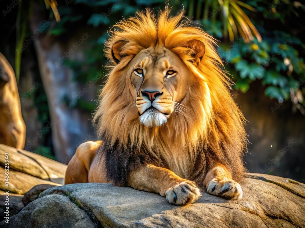 Naklejka premium Majestic French-Argentine Lion, Resting, Wildlife Photography, Big Cat, South American Lion, Powerful Animal, Animal Portrait, Close-Up, Nature Photography, Wild Cat