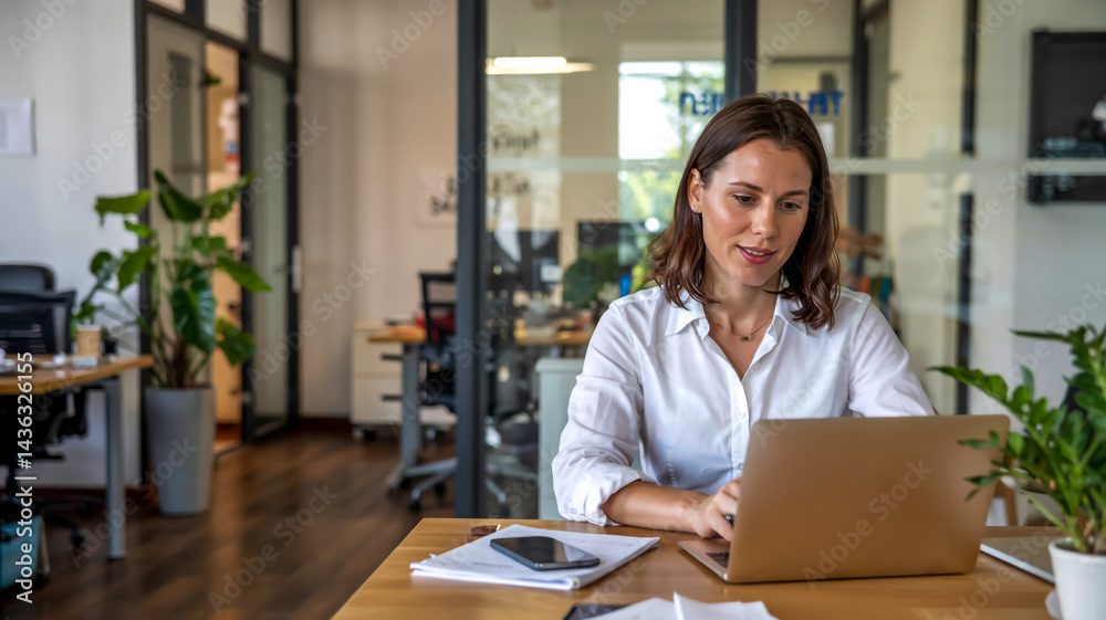 A professional office setting with a woman in a beige blazer and white turtleneck sweater sitting at a wooden desk, looking down at a tablet device A professional office setting with a woman in a beige blazer and white turtleneck sweater sitting at a wooden desk, looking down at a tablet device