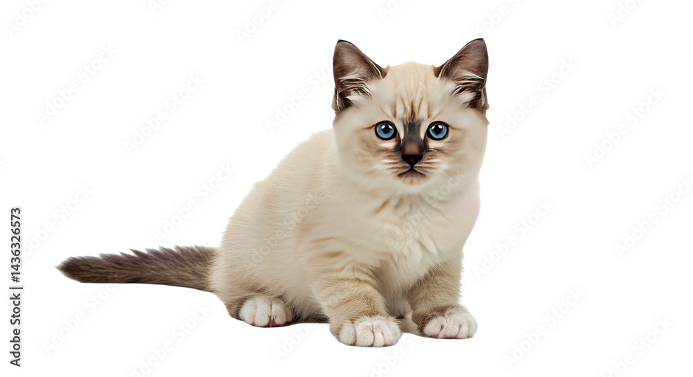 Fototapeta premium An adorable Birman kitten sits cutely, featuring soft fluffy fur, signature white paws (gloves), and bright blue eyes. Isolated on a white background.