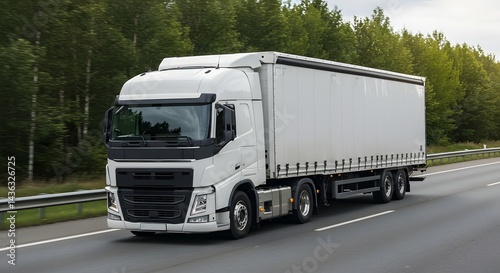 AI Generated - White truck trailer or shipping container trucks. Semi trailer truck driving