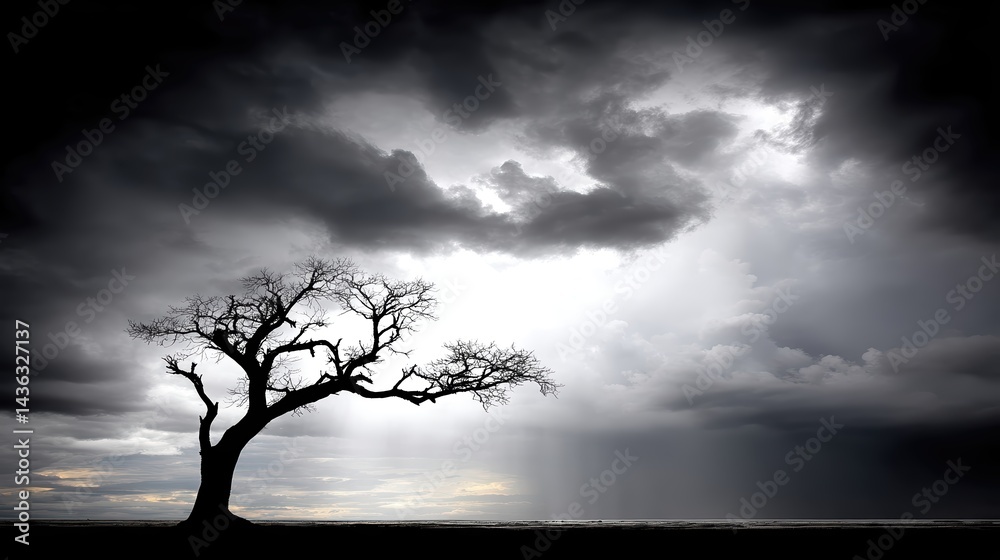Silhouette of a leafless tree under an overcast sky representing strength and loss Silhouette of a leafless tree under an overcast sky representing strength and loss