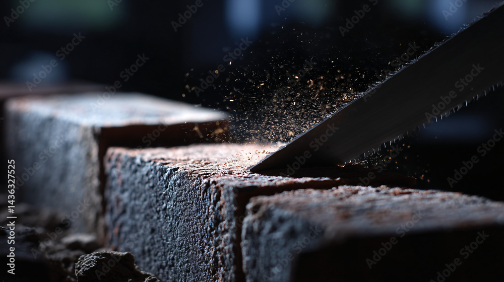 Mason cutting bricks for wall construction - emphasizing precision and technique Mason cutting bricks for wall construction - emphasizing precision and technique