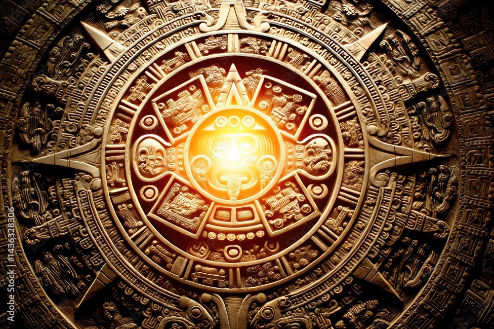 Obraz premium Intricate stone sun calendar illuminated by golden light revealing sacred symbols